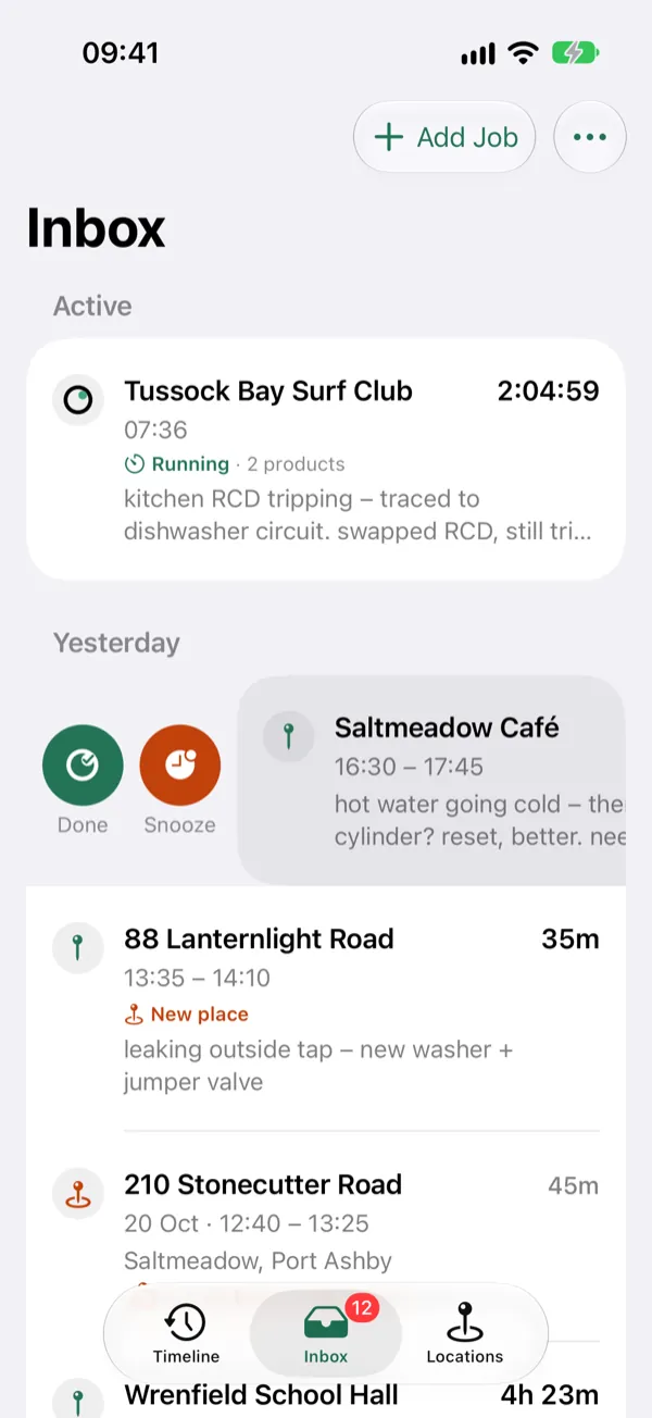 The Thereish Inbox with one job swiped to the right, showing the Done and Snooze buttons.