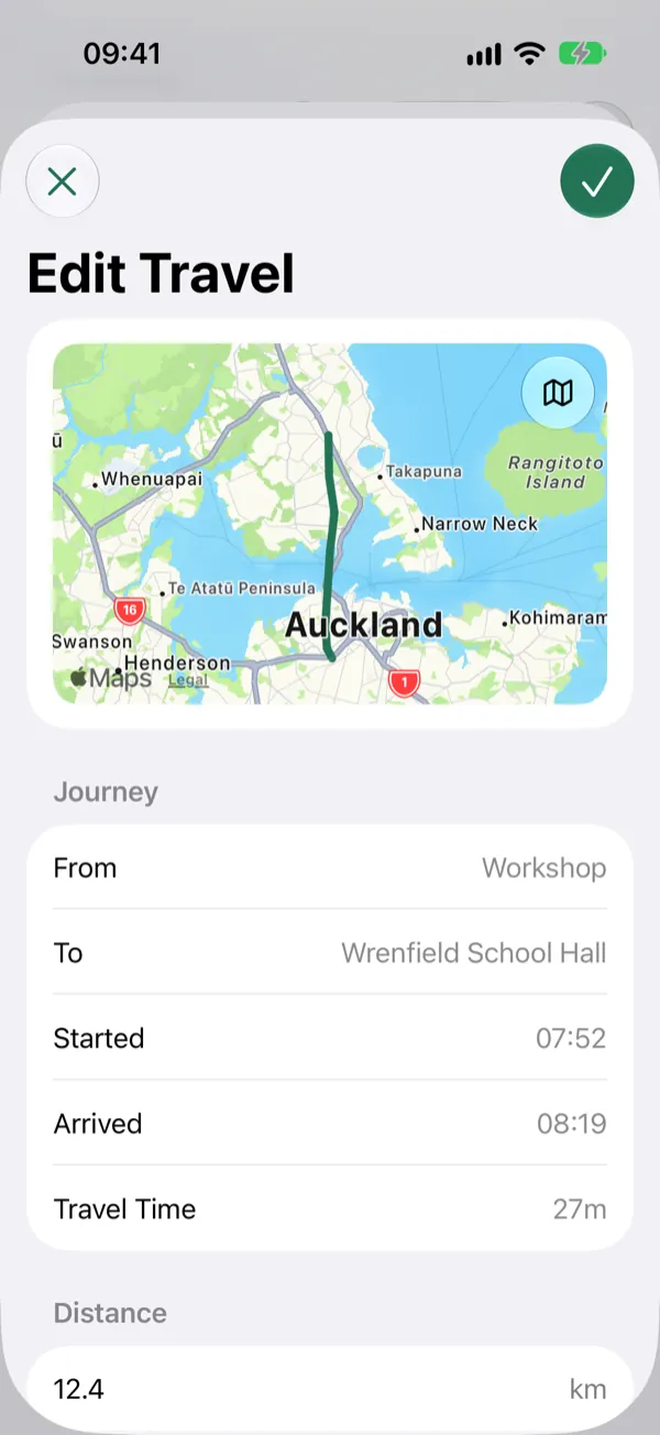 Edit Travel for one trip: a map of the route, where it started and ended, the times and the distance in kilometres.